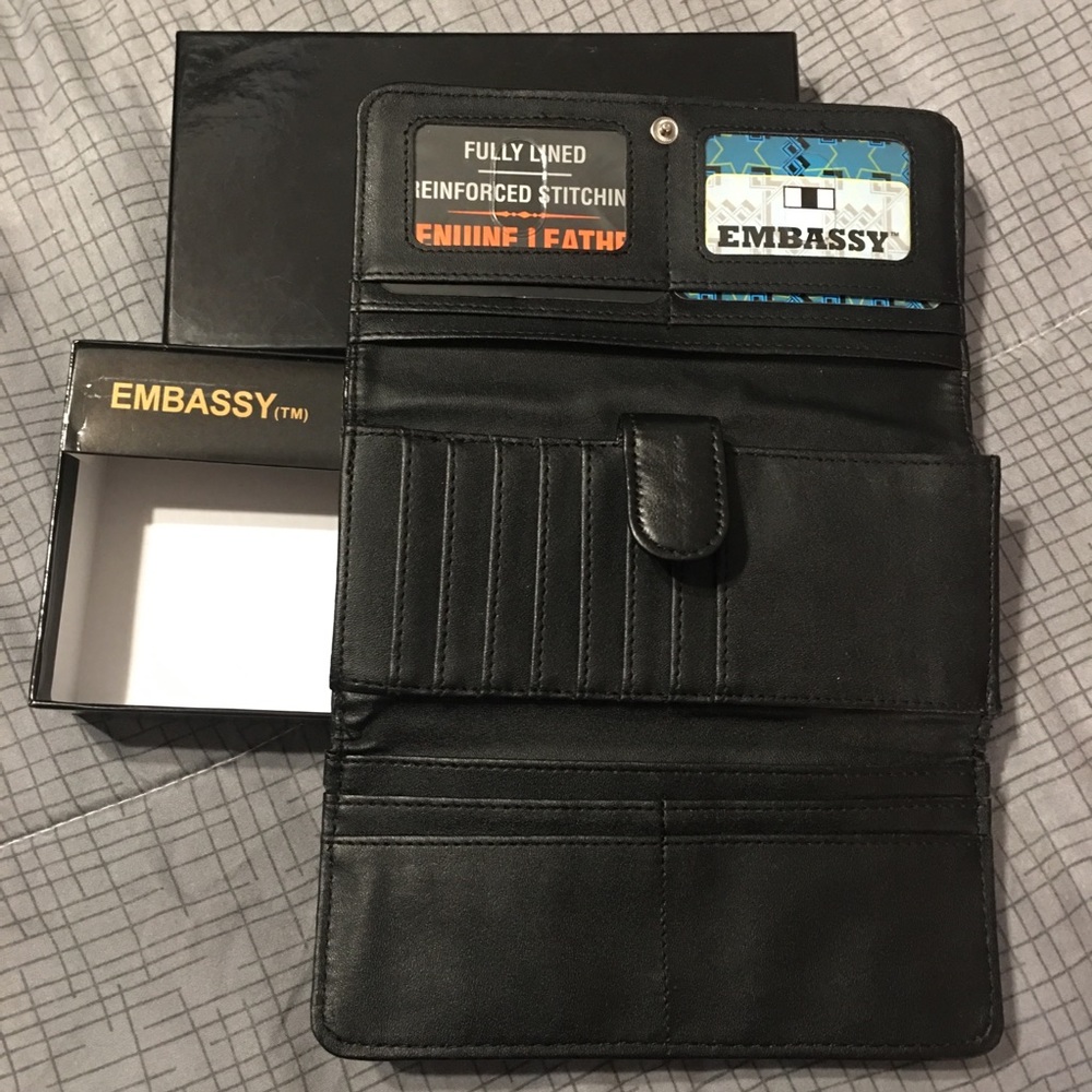 New in box Embassy black leather wallet